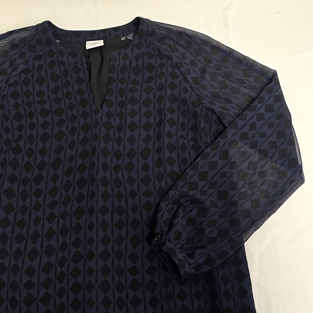Cabi Shift Dress Womens XS Purple Diamond Print Sheer Long Sleeve Mini